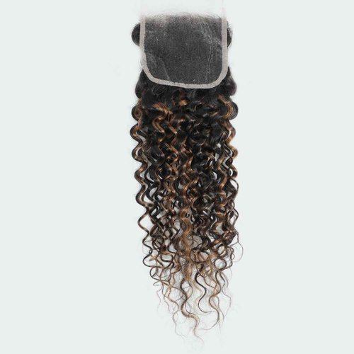 Anmetan Honey Blonde Highlight Black and Brown 4x4 Closure Water Wave Human Hair, 12A Wet and Wavy Color F1B30 Ombre 100% Remy Hair Pre Plucked with Baby Hair Free Part Hairline 4x4 Lace Closure 14 In