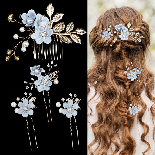 4 Pieces Wedding Flower Hair Pins Pearl Rhinestone Bridal Hair Combs Vintage Hair Forks Wedding Hair Accessories Headpiece Hair Clips for Brides Bridesmaids Women and Girls (Blue)