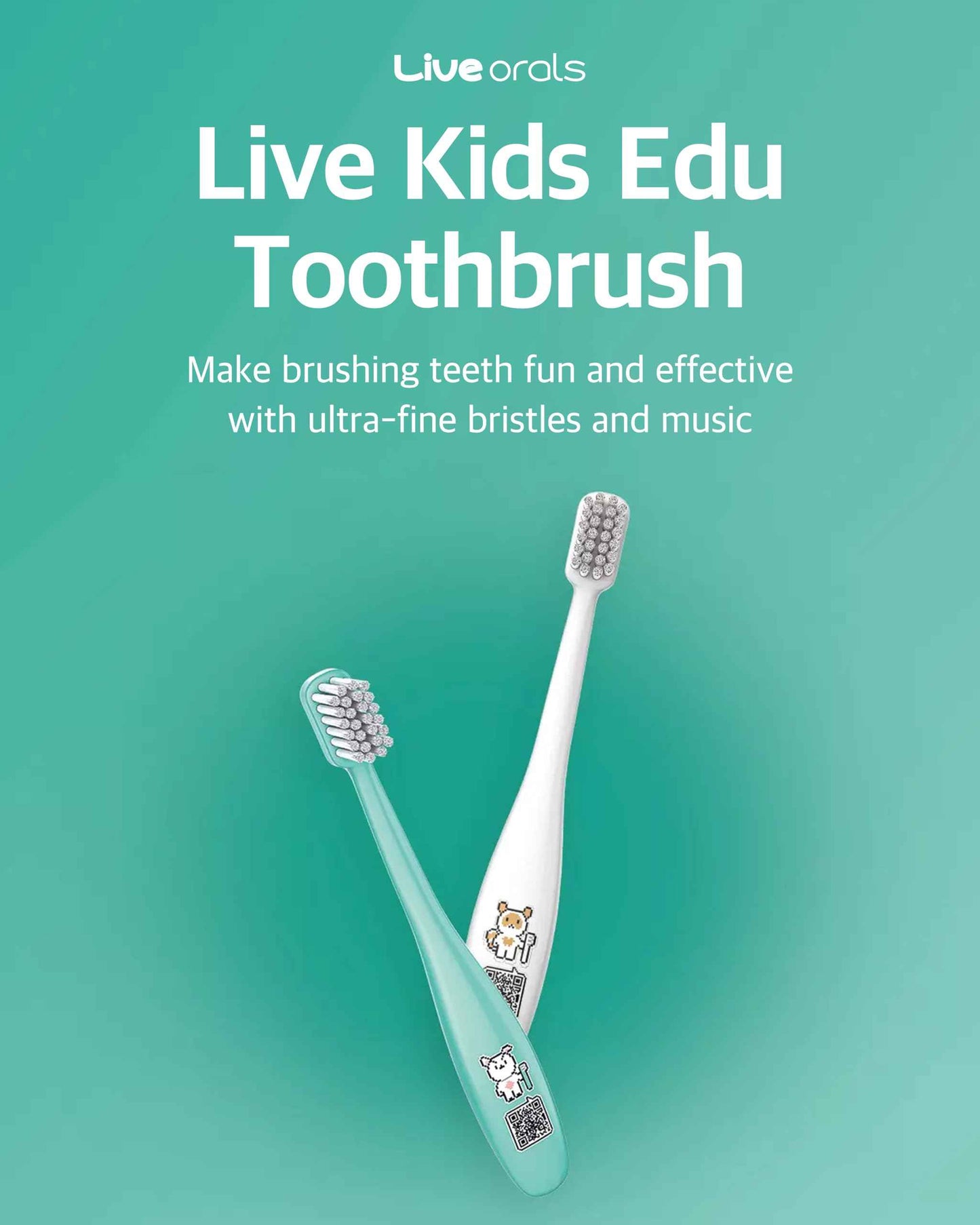 LiveOrals Kids Edu Toothbrush (Mint 6 Units) - Fun QR Song for Brushing, Dual Microfine Bristles, Compact 1.8cm Head, Ergonomic Handle, Gentle Care for Kids’ Gums and Teeth