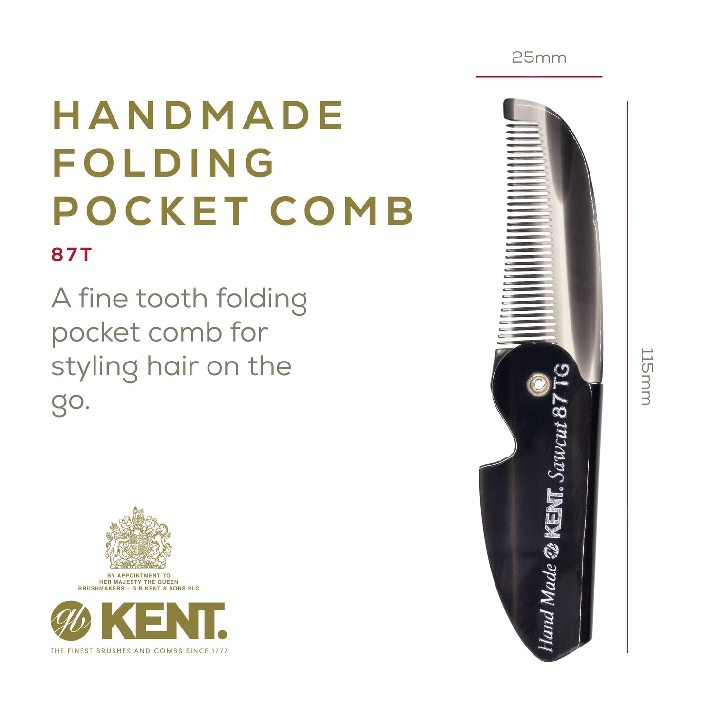 Kent 87T Graphite Handmade Folding Pocket Comb for Men, Fine Tooth Hair Comb Straightener for Everyday Grooming Styling Hair, Beard or Mustache, Saw Cut Hand Polished, Made in England