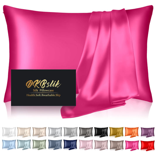 Silk Pillowcase for Hair and Skin, Mulberry Silk Pillow Cases Standard Size, Anti Acne Cooling Sleep Both Sides Natural Silk Satin Pillow Covers with Hidden Zipper, Gifts for Women Men, Hot Pink