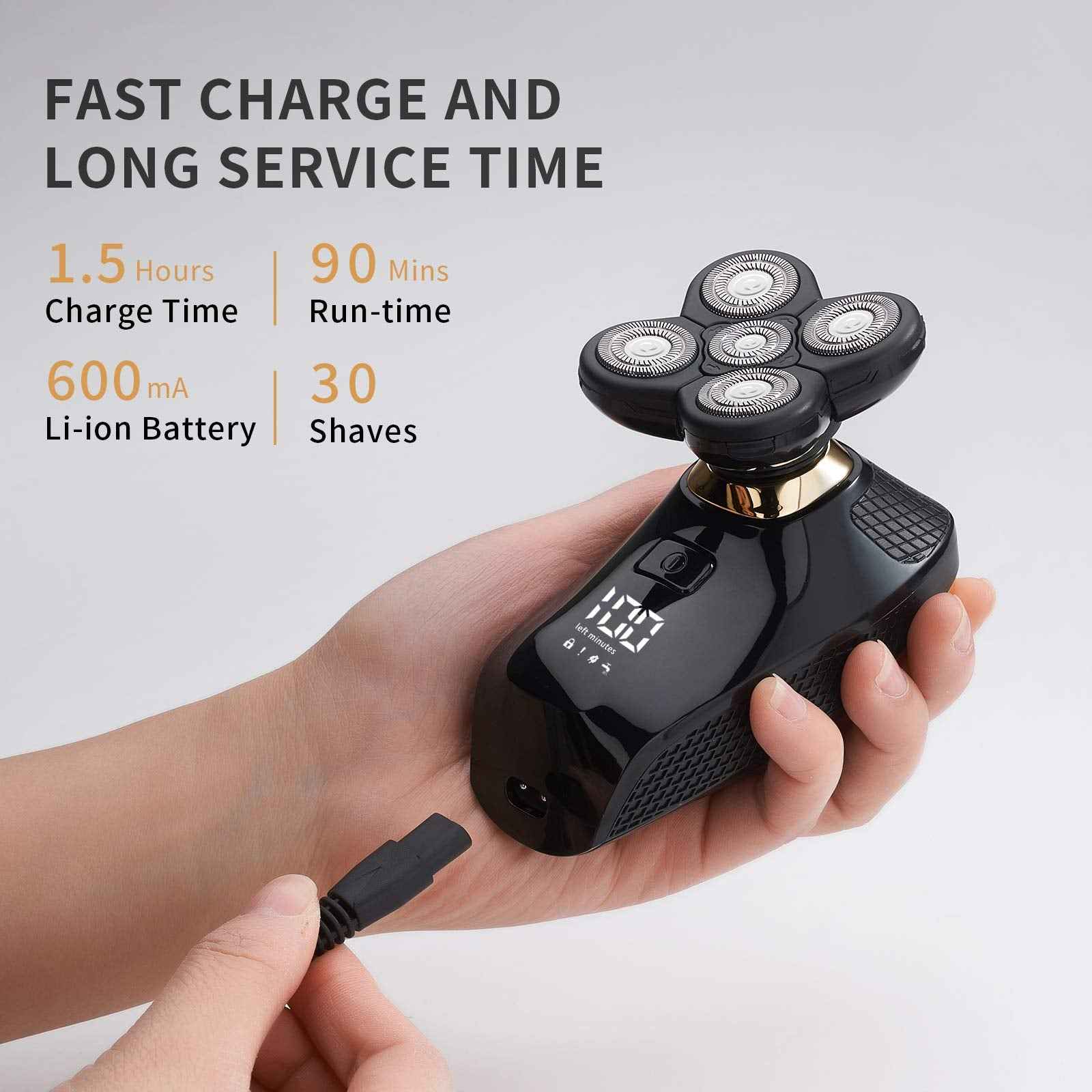 HONTEC 4 in 1 Electric Head Shaver Set - Bald Shaver, Wet & Dry, Cordless, with Nose & Ear Trimmer, Facial Cleansing, Rechargeable, IPX6 Waterproof