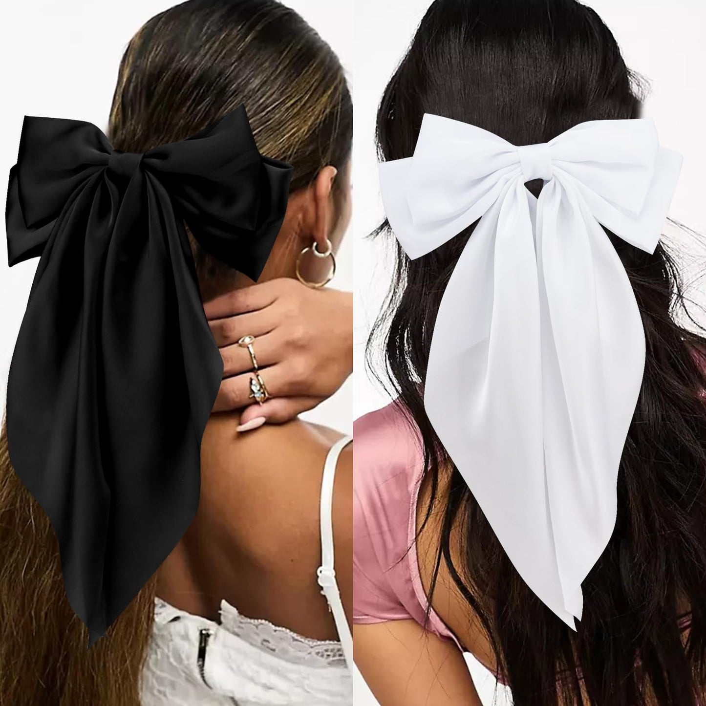 Velscrun Hair Bows for Women Girls 3Pcs White Silky Satin Large Hair Bow Blue Coquette Bow Navy Blue Big Bows Hair Clip Oversized Hair Ribbons Long Tail Hair Bow Hair Barrettes Hair Accessories Gifts