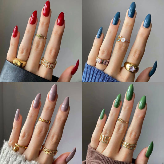 4 Pack 96Pcs Mixed Color Press On Nails Medium Almond Shape Plain Glossy Fake Nails Stick on Nails Glue on Nails Acrylic Nails Spring Summer False Nails for Women Red Blue Nude Purple Green 29_32