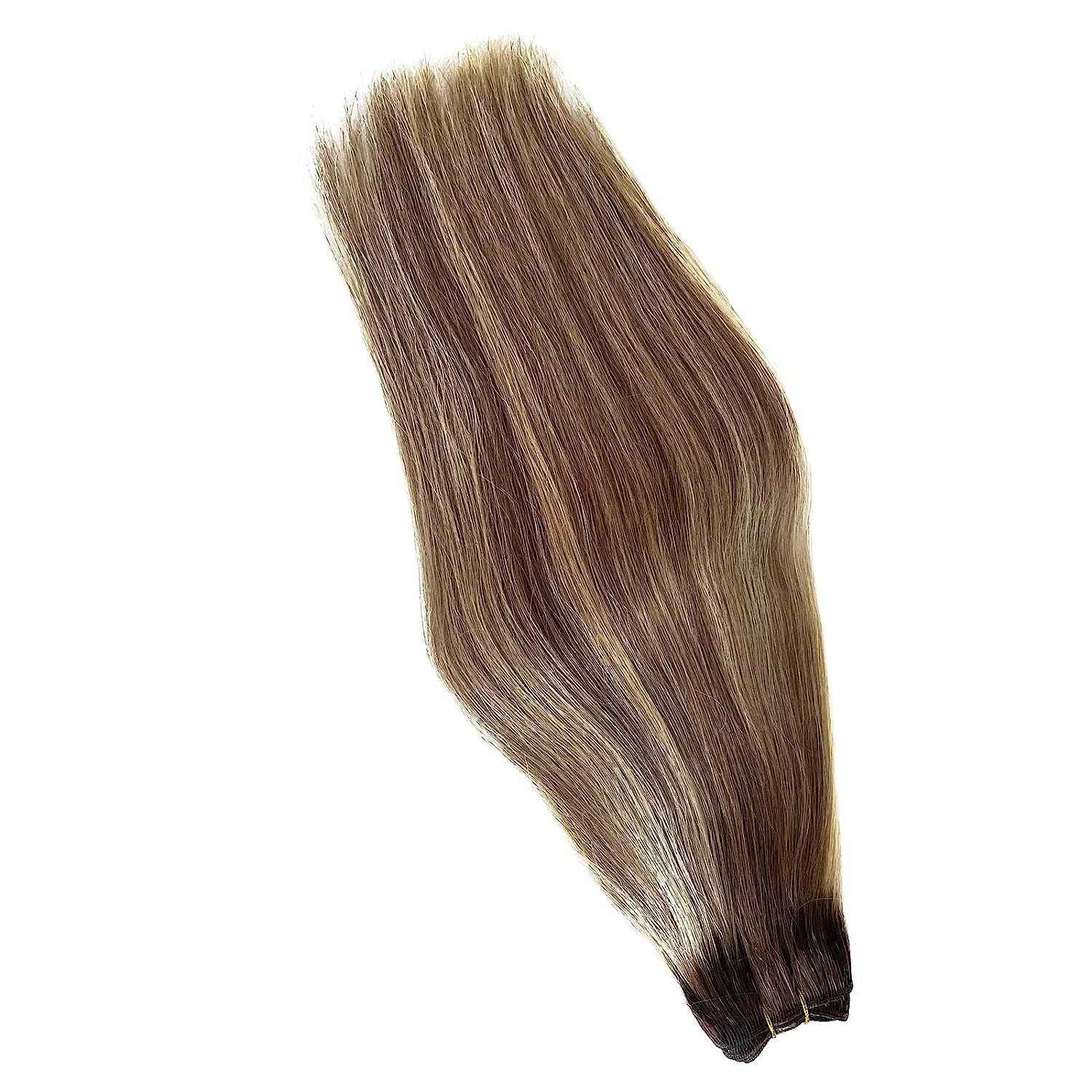 14 Inch Human Hair Extensions Sew in Hair Extensions Real Human Hair Balayage Colored Brown Roots to Ash Brown with Bleach Blonde Highlights 80g