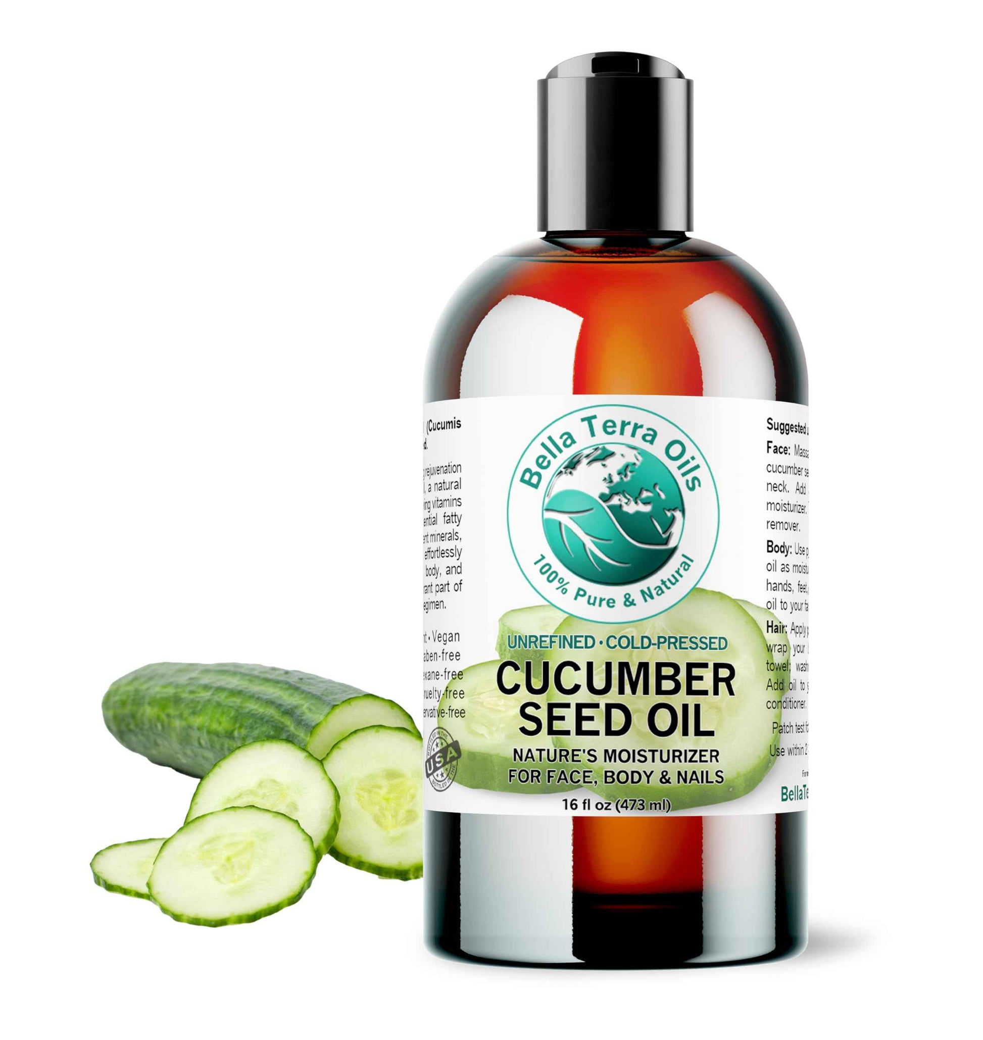 Bella Terra Oils - Cucumber Seed Oil 16 oz - Experience Pure Cucumber Extract, Brimming with Minerals & Antioxidants, Sublime Elixir for Face & Beyond