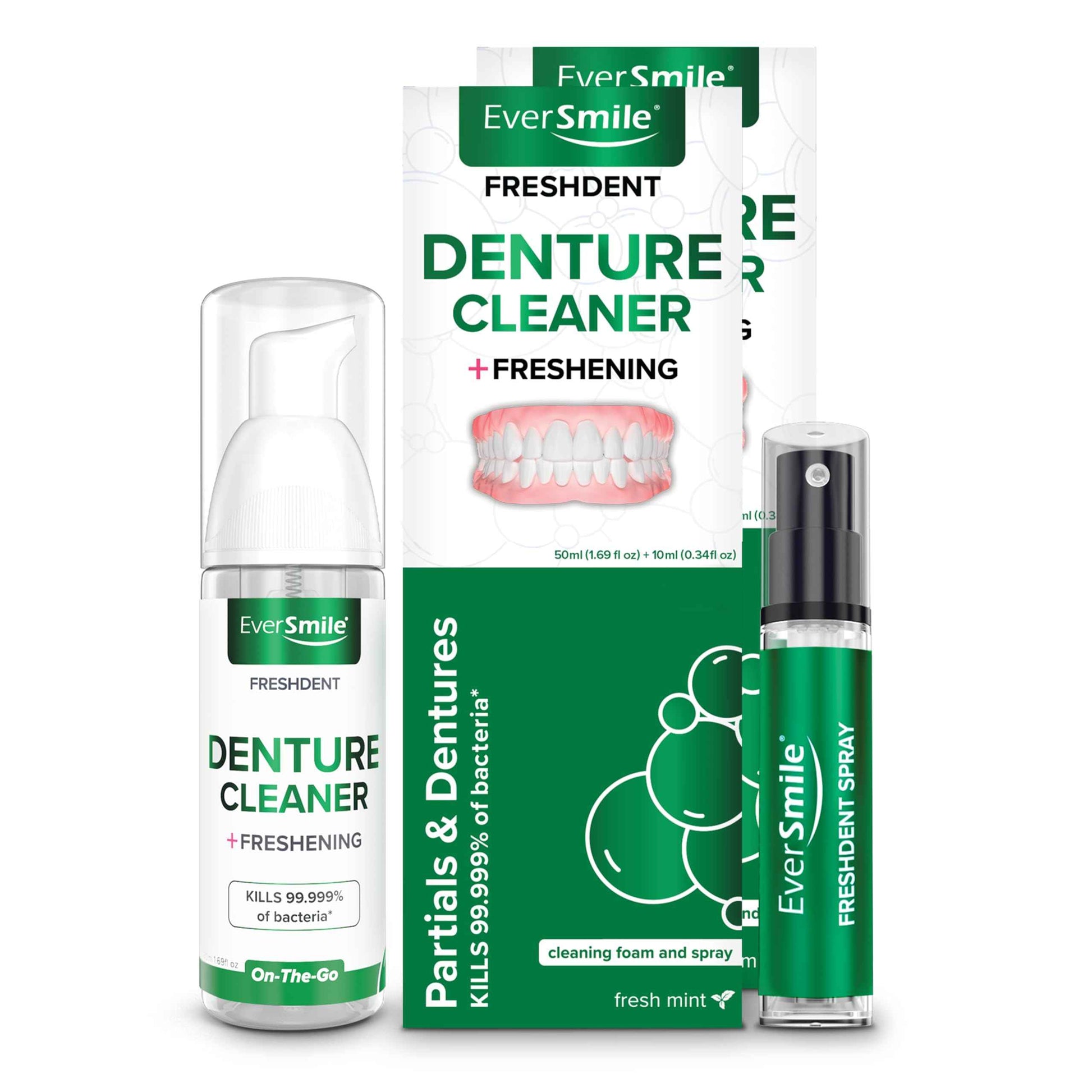 EverSmile FreshDent Denture and Partial Denture Cleaner + Teeth Whitening Spray and Foam– Travel Size Alternative to Cleaning Tablets That Eliminates Bacteria and Fights Bad Breath – 50ml + 10ml (2pk)