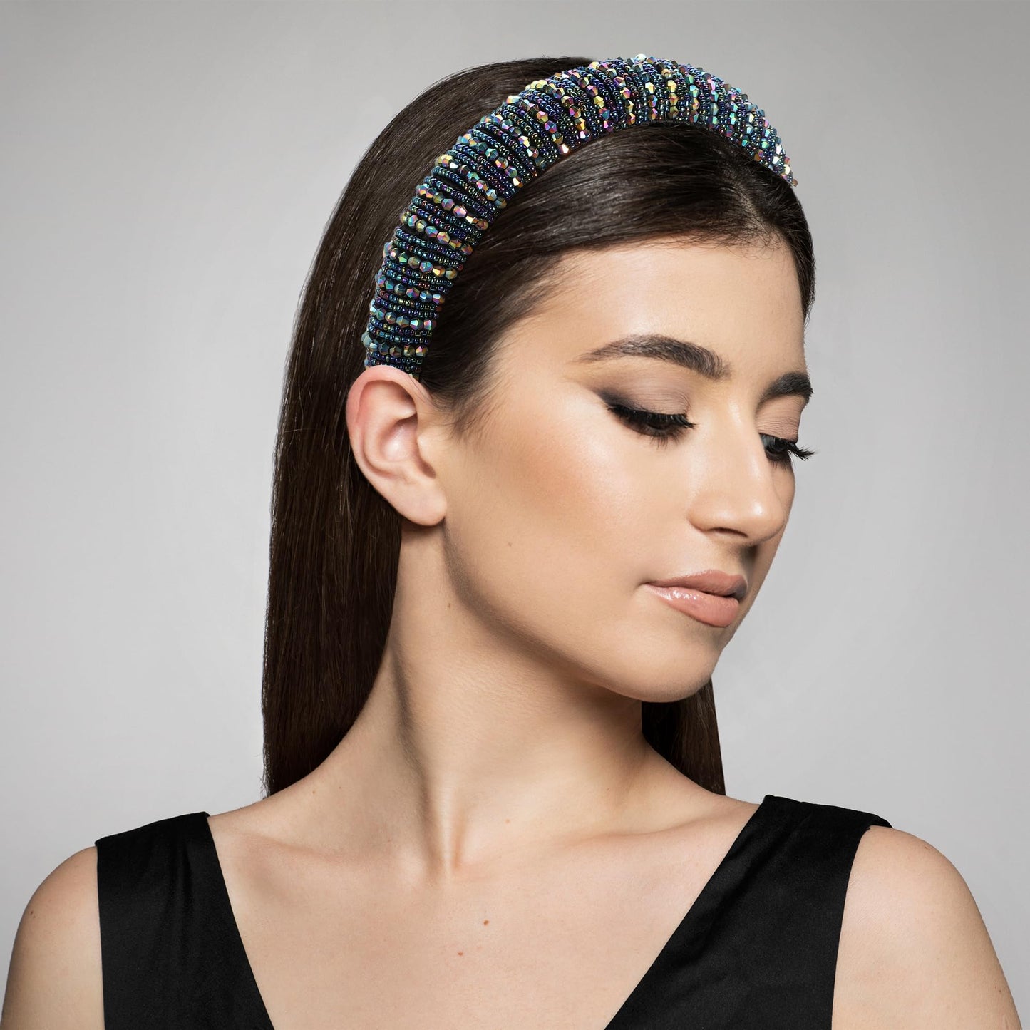 VOCOSTE Rhinestone Headbands, Crystal Embellished Headband, Diamond Bling Headbands, Handmade Dark Blue Headband, Thick Padded Headband, Sparkle Hairband, Hair Accessories for Women