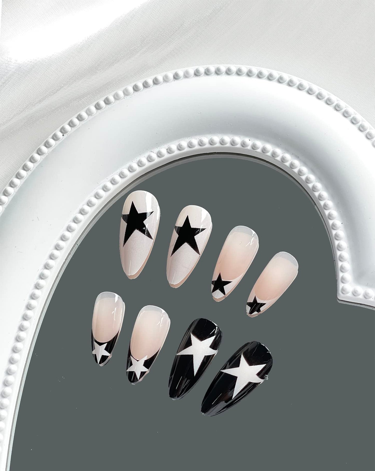 Press on Nails Medium Almond French Tip Fake Nails Full Cover False Nails with Black and White Stars Designs Y2K Press on Nails Glossy Glue on Nails Artificial Acrylic Nails for Women Girls 24 pcs