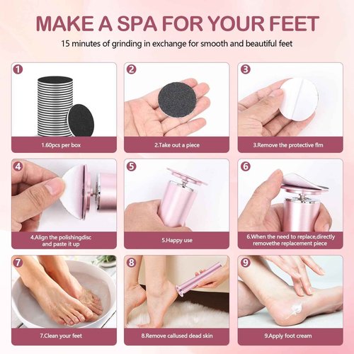 Cordless Electric Foot Callus Remover,Rechargeable Grinder Tool for Feet Dead Skin,Professional Pedicure File Heel Sander with 60pcs Replacement Sandpaper Pads(Pink)