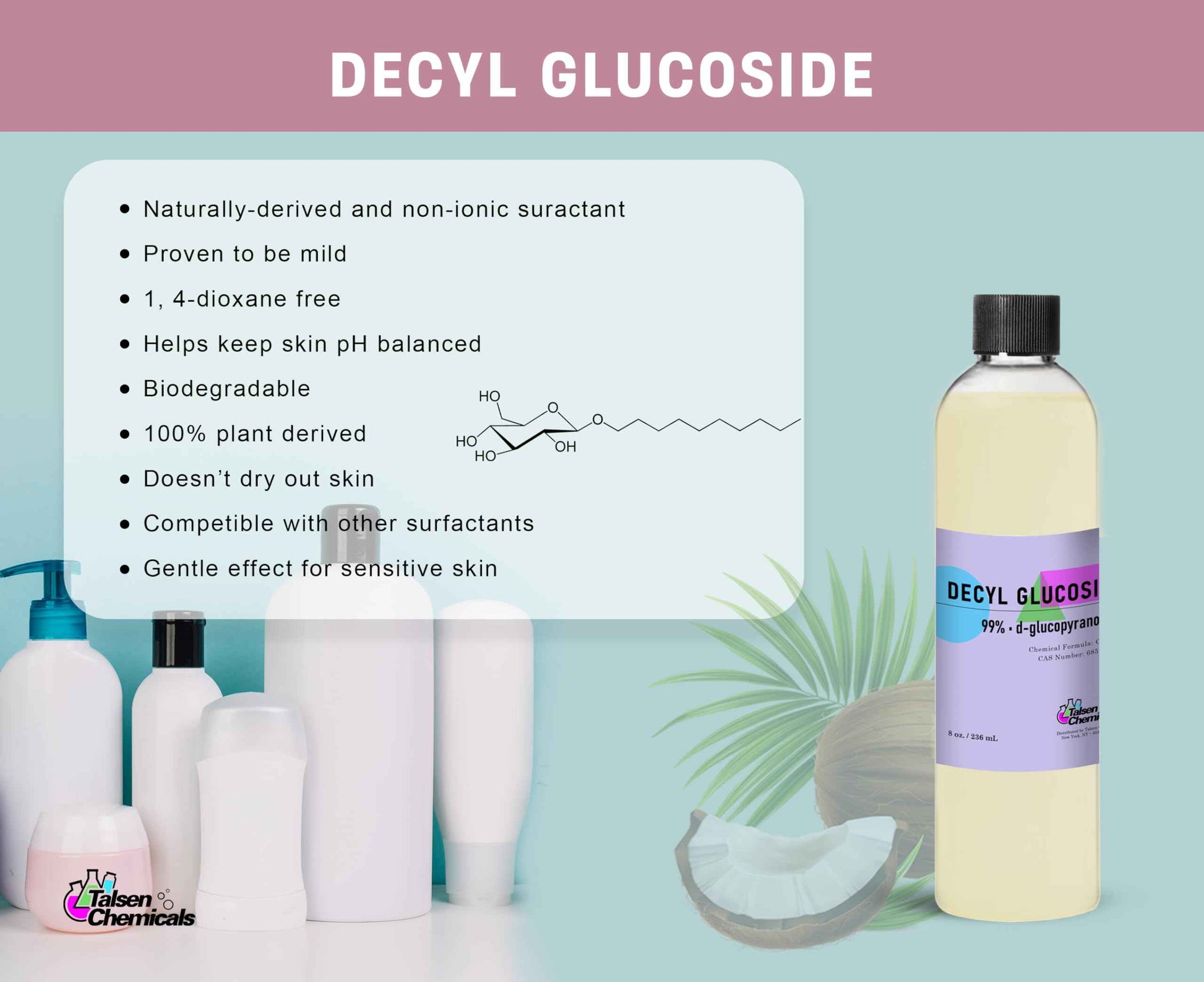 Decyl Glucoside Organic 12 Oz / 354 mL Mild Non-Ionic Surfactant - Plant-Based Gentle Cleansing & Foaming Agent for DIY Cosmetics Skincare & Haircare, Versatile Emulsifying Agent by Talsen Chemicals