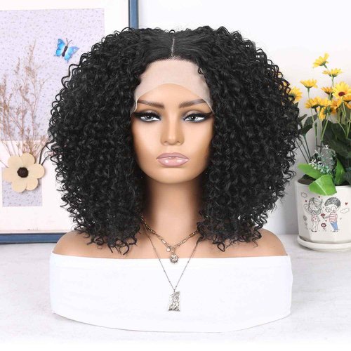 WIGER 15 inch Short Bob Lace Front Wigs 13X4X1 Curly T Part Wigs Middle Part Afro Kinky Curly Wigs Natural Black Synthetic Curly Wig For African American women