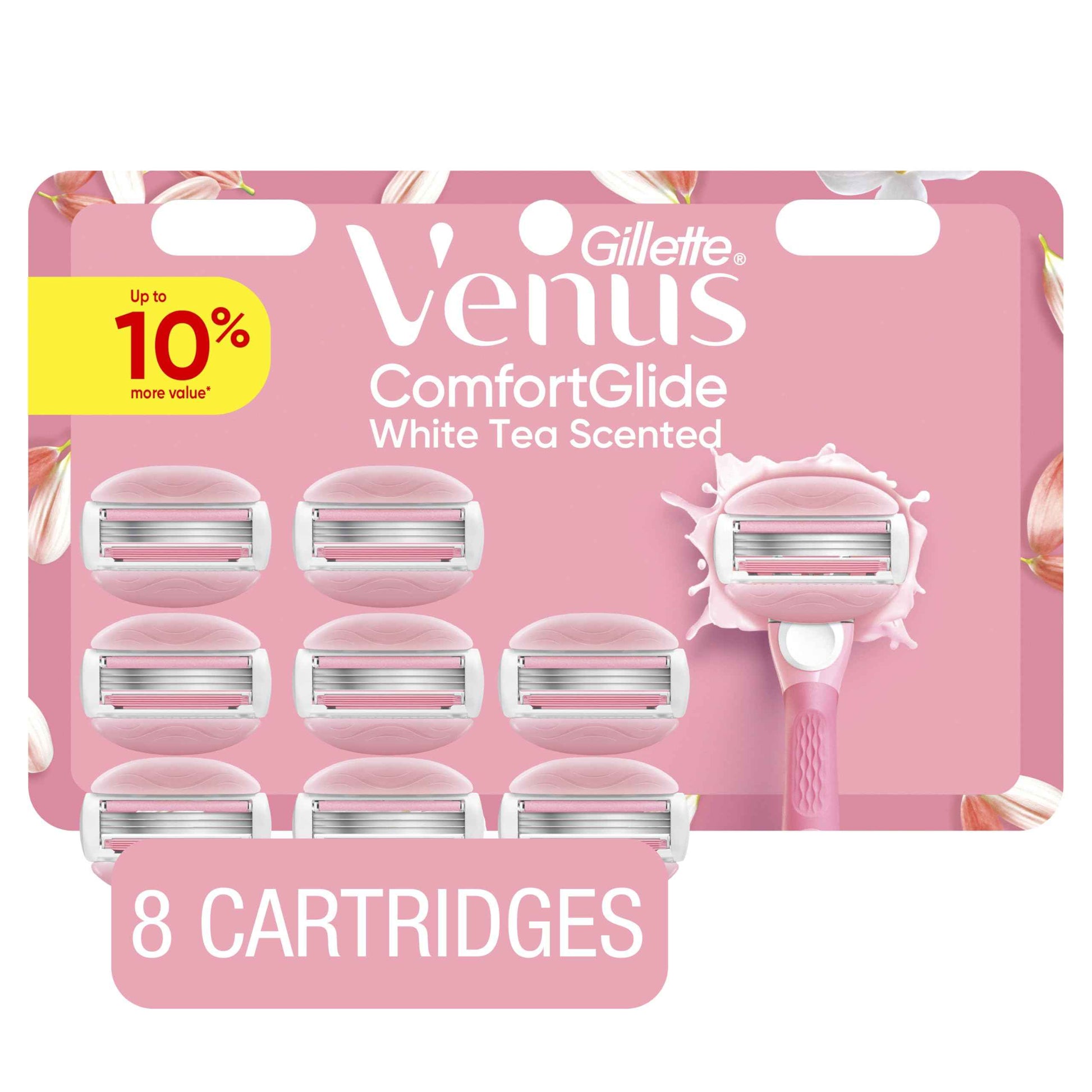 Venus ComfortGlide White Tea Women's Razor Blades, with Built-in Shave Gel Bars, 8 Razor Blade Refills