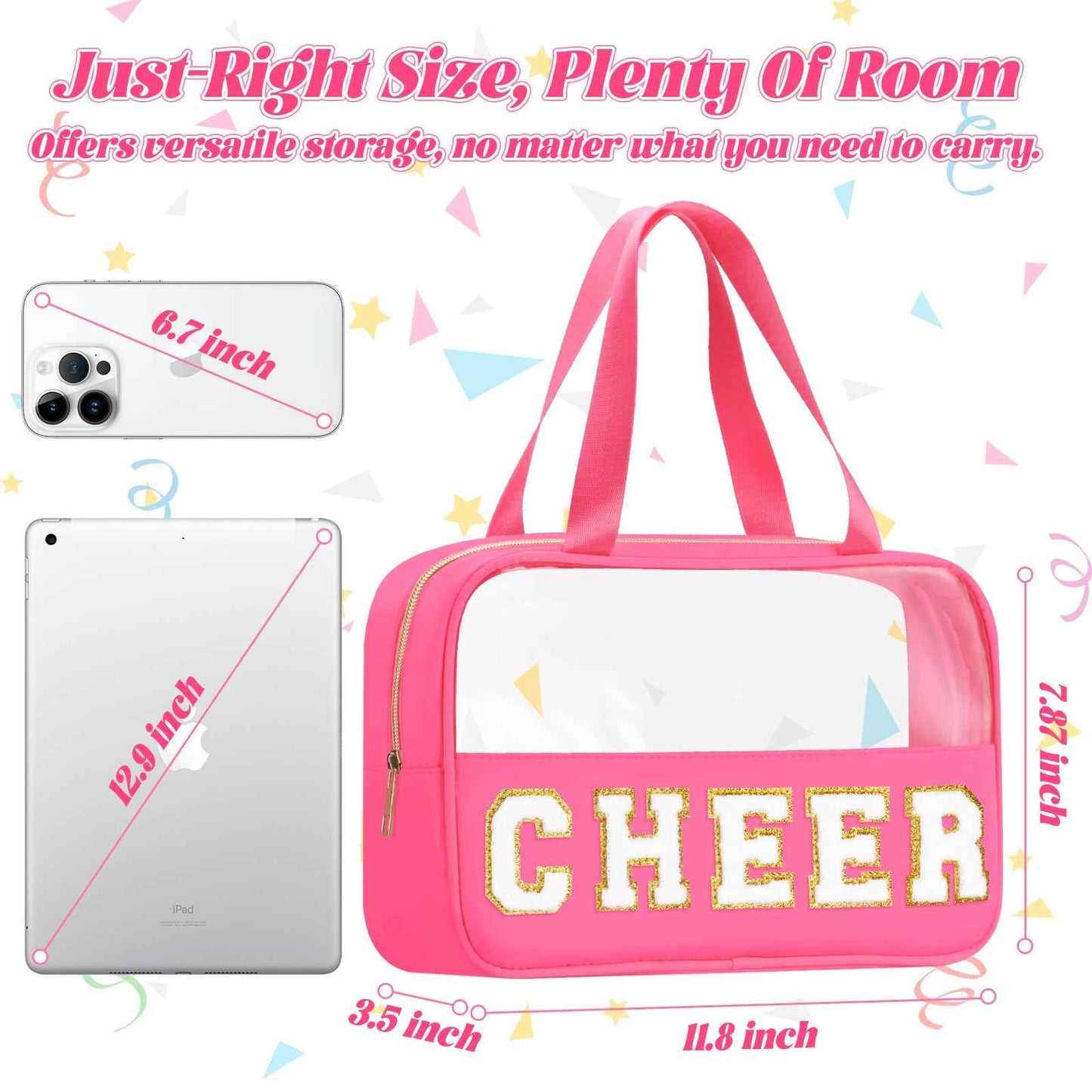 BuyCard Cheer Chenille Letter Bags Clear Makeup Bag, Cheerleader Gift Cosmetic Bag for Travel Zipper Pouch with Handle Cheer Accessories, Nylon & PVC Waterproof Toiletry Organizer Bag for Women Girls
