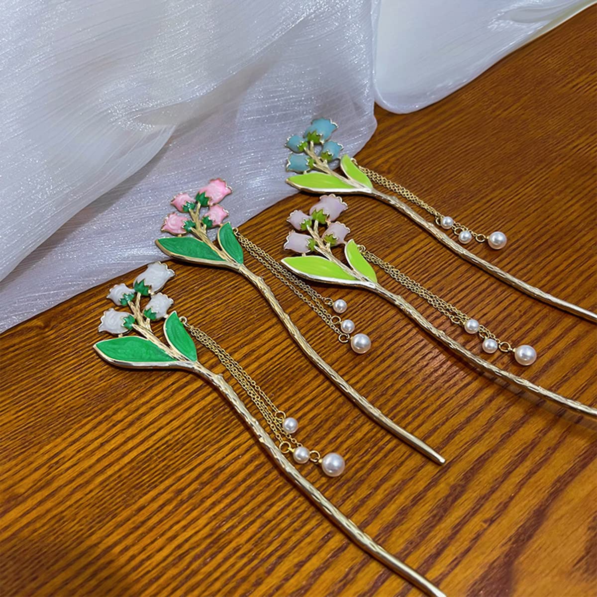 Lily of the Valley Pearl Hair Sticks for Women, Dainty Pearl Flower Metal Hair Slide Hairpin Clips Hair Pin Hair Jewelry Accessories for Her (White)