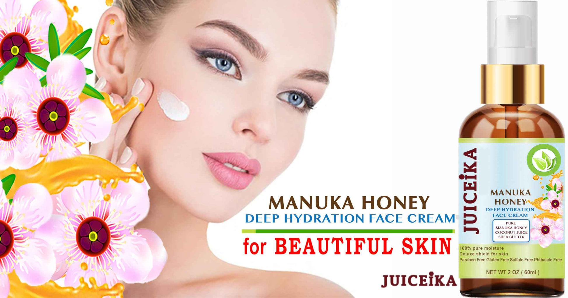 Juiceika MANUKA HONEY Deep Hydration Face Cream Face Moisturizer. Manuka Oil, Aloe Vera, Shea Butter, Coconut Oil, Jojoba Oil, Squalane, Hyaluronic Acid, Avocado Oil 2 Fl. oz. - 60 ml.