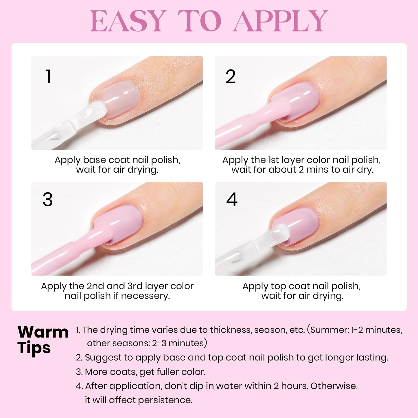 MIZHSE Quick Dry Nail Polish, Light Pink Nail Polish Non Gel Air Drying Fast, 15 ml Regular Pastel Pink Nail Polish Glossy Finish Nail Lacquer Nail Art Manicure DIY Home