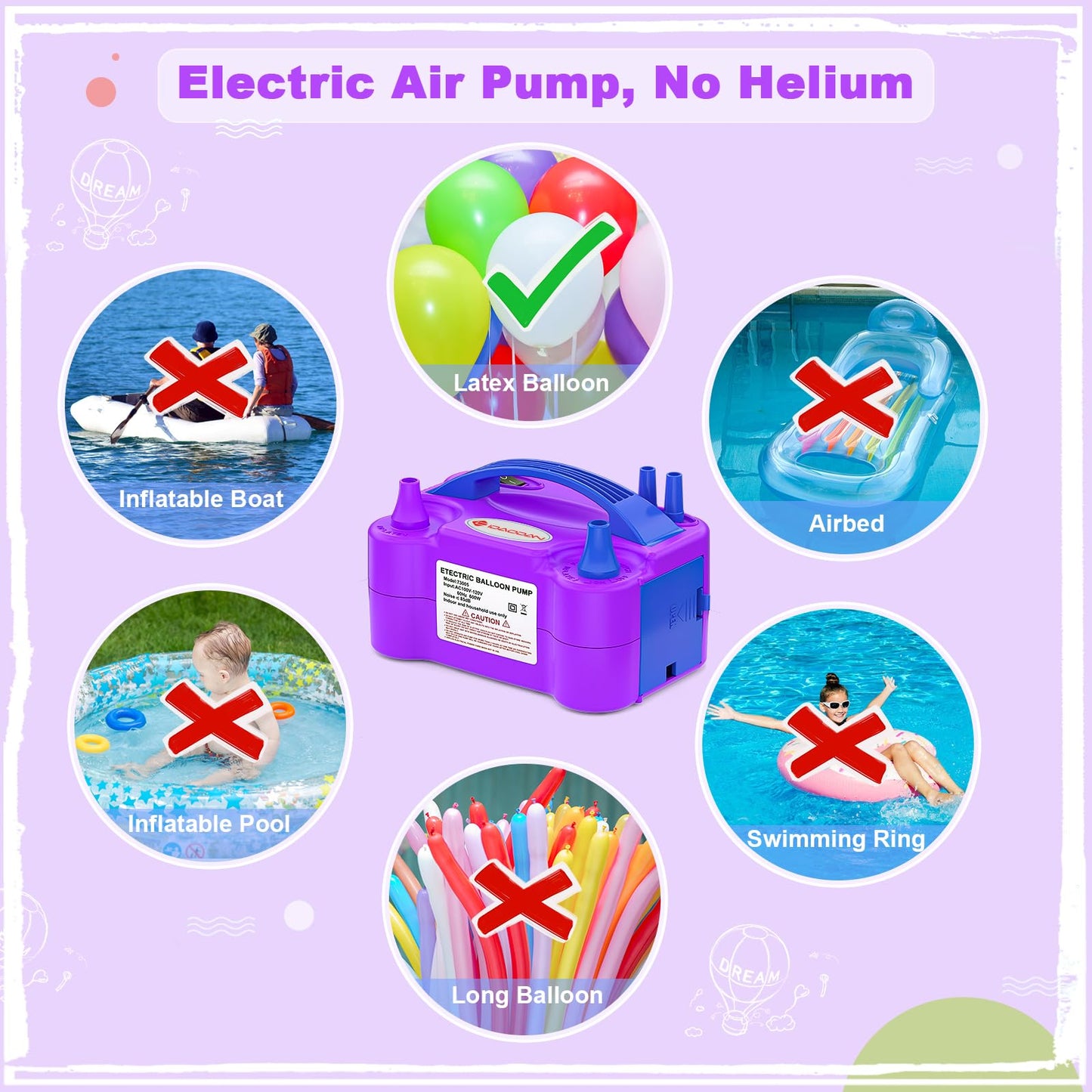 IDAODAN Electric Air Balloon Pump, Portable Dual Nozzle Electric Balloon Inflator/Blower for Party Decoration - 110V 600W (Purple)