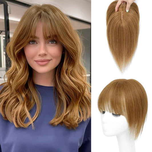 BUPPLER Hair Toppers for Women Real Human Hair-U Shape Toppers Hair Pieces for Women with Thinning Hairr 150% Density Silk Base Clip in Human Topper with Bangs for Daily Use(Light Brown-6#