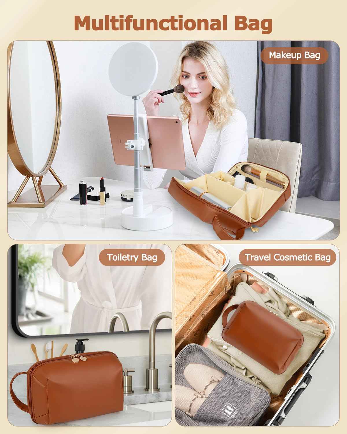 Soimeat Travel Makeup Bag Gift for Women, Soft PU Leather Cosmetic Bags, Waterproof Toiletry Bag, Portable Wide Open Pouch, Travel Cosmetic Bag with Divider and Handle, Medium, Brown