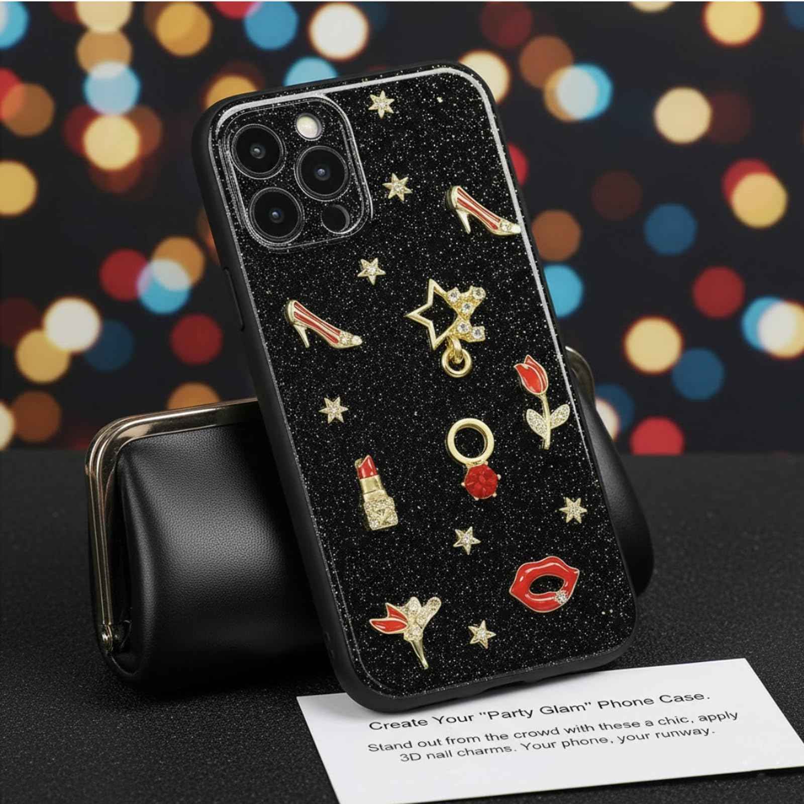 Pizadix 100 Pcs Gold Red Nail Charms Y2K with Lipsticks, Wine Bottles, Wine Cups, Lips, Tulips, Stars, High Heels, Perfume Bottle