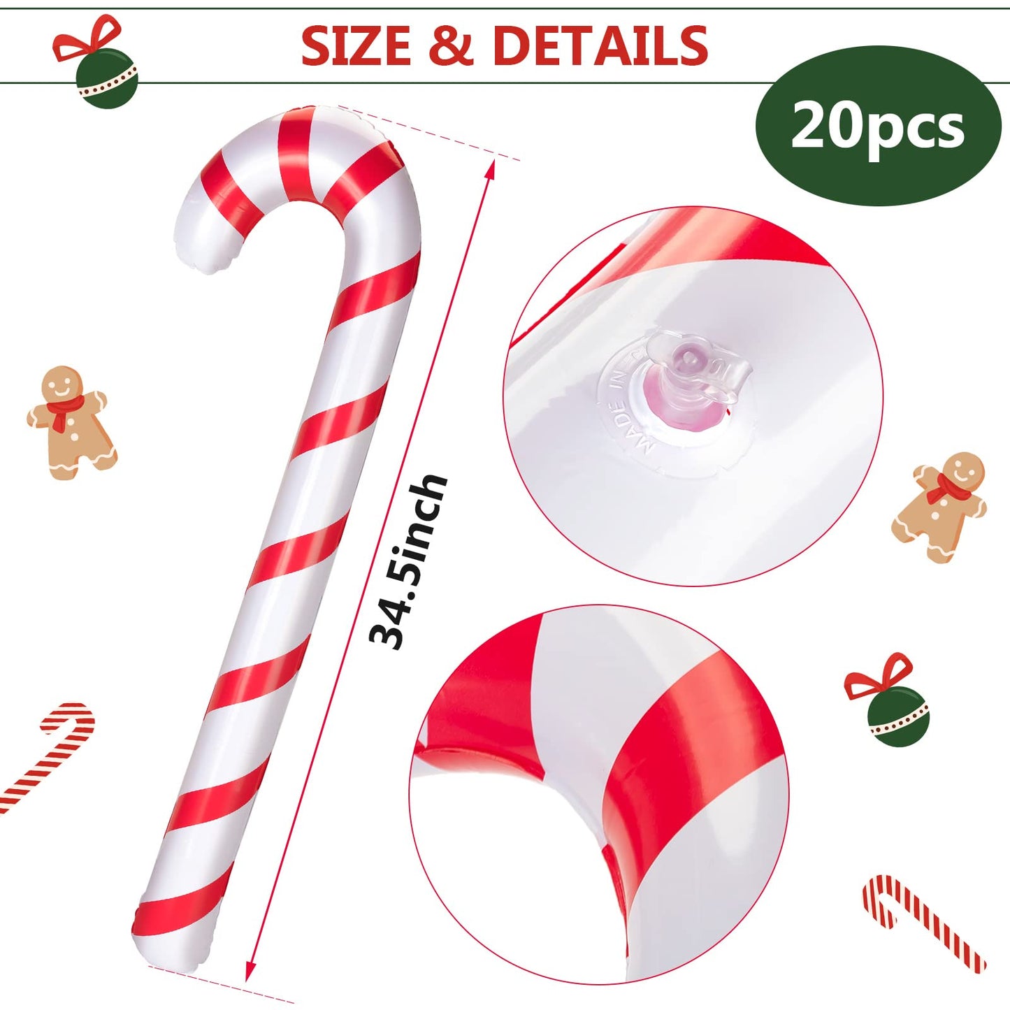 20 Pcs Inflatable Candy Canes Christmas Decorations Jumbo Candy Canes Balloons Inflatable Outdoor Holiday Yard Decorations Christmas Tree Candy Cane Decorations for Home Lawn Xmas Party Toy, 35 Inches