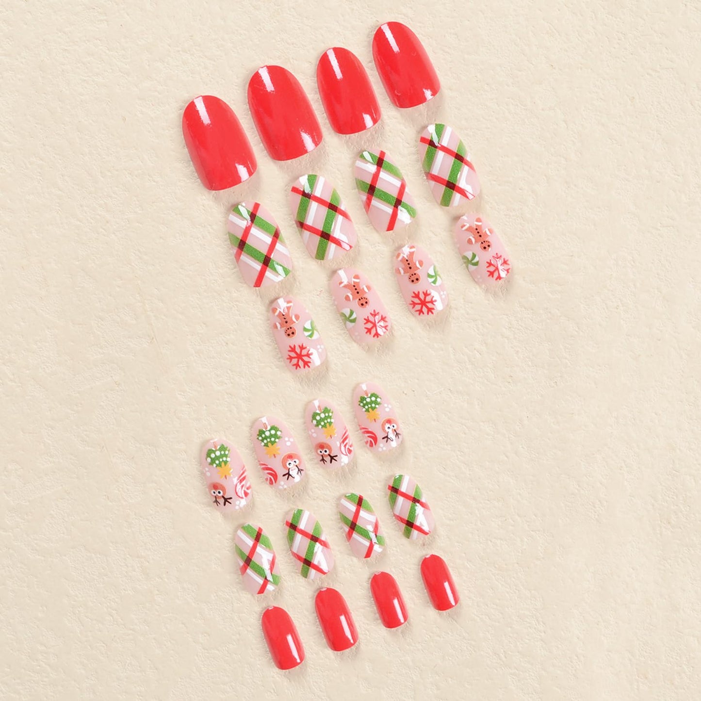 Christmas Red Nails Press on Nails Short Oval Fake Nails with Designs Gingerbread Man Candy Canes Snowflake Reindeer Stripe Full Cover Acrylic Square Nude Winter False Nails for Women and Girls 24Pcs