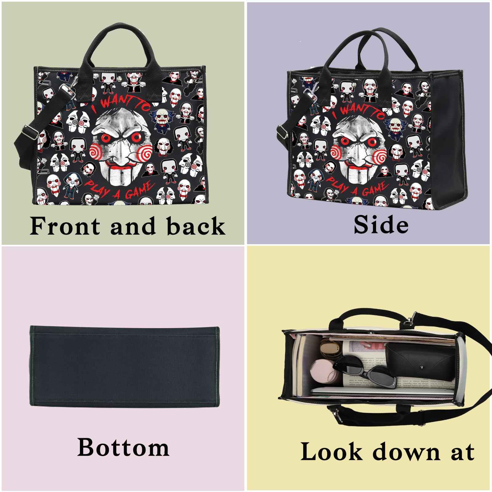 LEVLO Jigsaw Killer Tote Bag Horror Movie Fans Gift I Want To Play A Game Jigsaw Killer Shoulder Bag Horror Movie Merch (Play A Game LT)