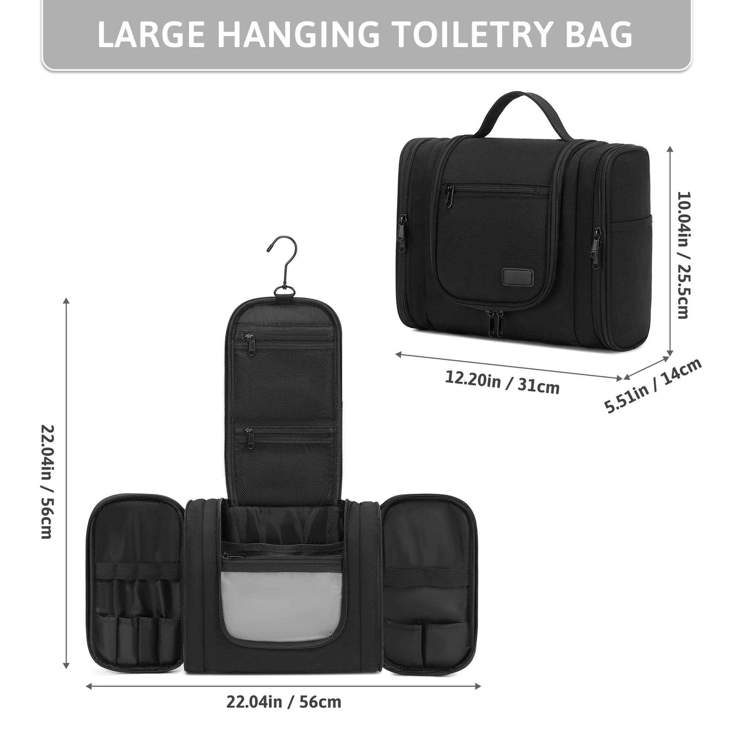 Pearl Angeli Hanging Toiletry Bag for Women, Large Makeup Cosmetic Bag, Water Resistant Toiletries Travel Essentials Organizer, Full-size Container, Black