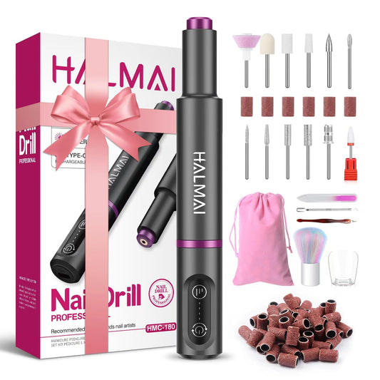 HALMAI Electric Nail Drill Machine, Cordless Portable Nail File Kit for Acrylic,Gel Nails, Rechargeable Professional Acrylic Manicure Pedicure Machine for Home with Max 20000 RPM