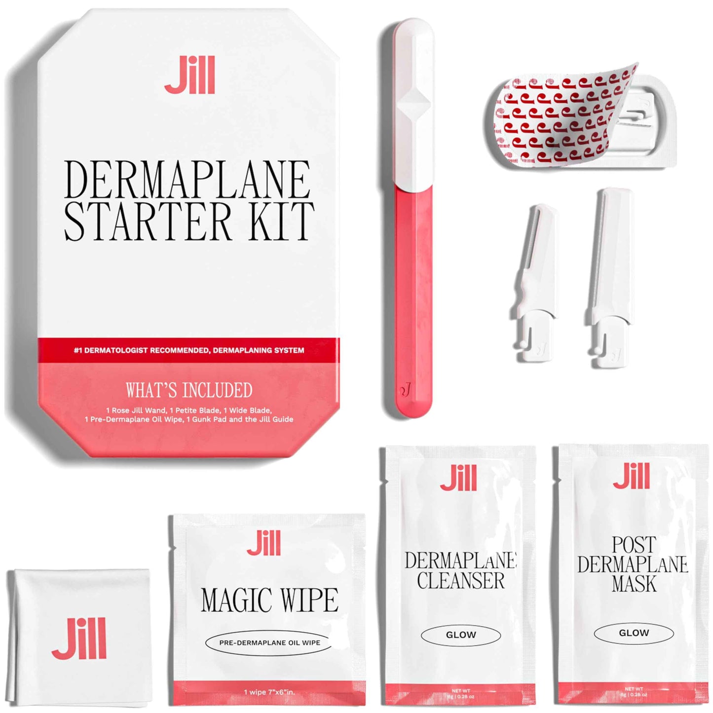 Jill Dermaplane Starter Kit for Women in Rose – Facial Razor & Exfoliating Blade Set with Pre-Shave Magic Wipe, Gentle Skin Cleanser, Glow Moisturizer & 2 Disposable Dermaplane Blades
