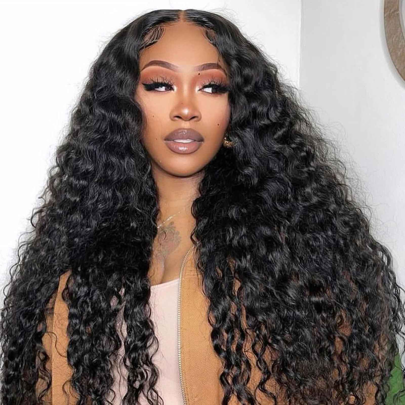 DSEKCAIN 2x6 HD Lace Closure Deep Wave Human Hair Deep Curly Transparent Lace Closure 2x6 Long Middle Part 100% Raw Virgin Human Hair Natural Black 1B Color 14 Inch 150% Density