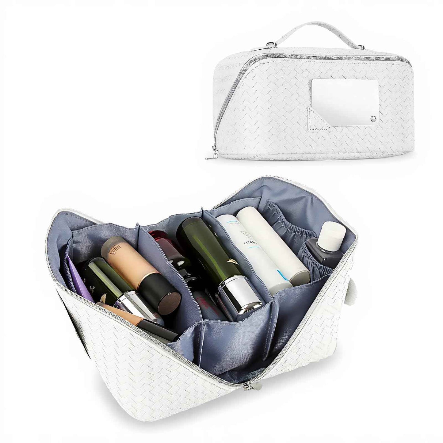 Dogman's Cloud Club Large Checkered Travel Makeup Bag with Mirror – White Plastic Toiletry Bag with 3 Compartments, 4 Side Pouches, Hanging Cosmetic Bag for Skincare, Brides, and Gifts, Easy to Clean