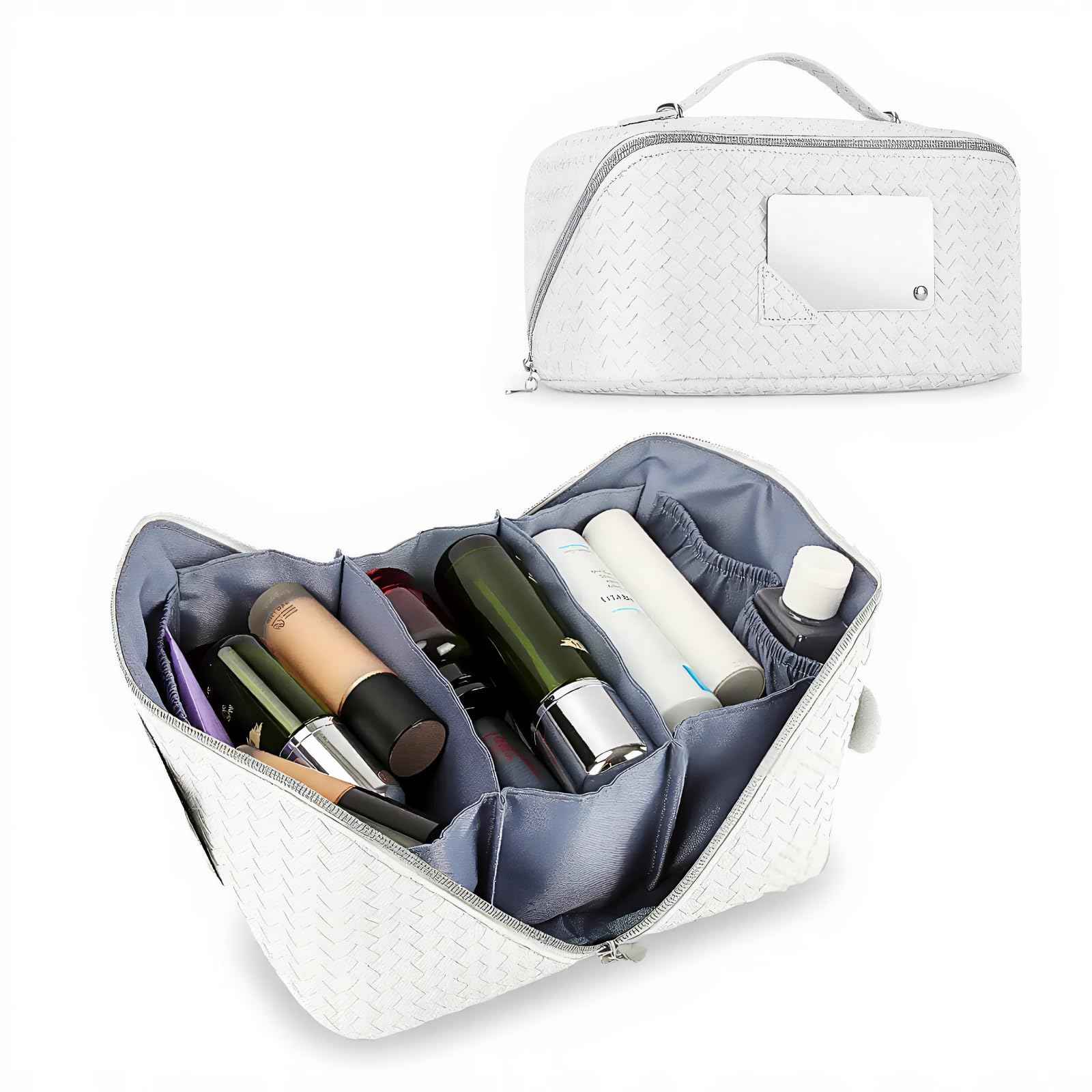 Dogman's Cloud Club Large Checkered Travel Makeup Bag with Mirror – White Plastic Toiletry Bag with 3 Compartments, 4 Side Pouches, Hanging Cosmetic Bag for Skincare, Brides, and Gifts, Easy to Clean