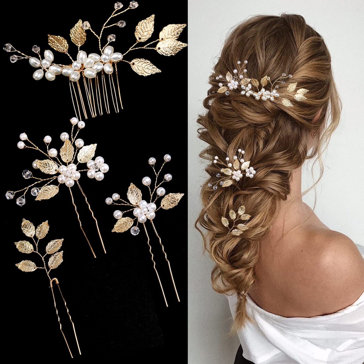 4 Pieces Bridal Wedding Hair Pins Gold Leaf Crystal Pearl Hair Pins Clips Flower Headpiece Vintage Wedding Hair Accessories for Brides Bridesmaids Women Girls