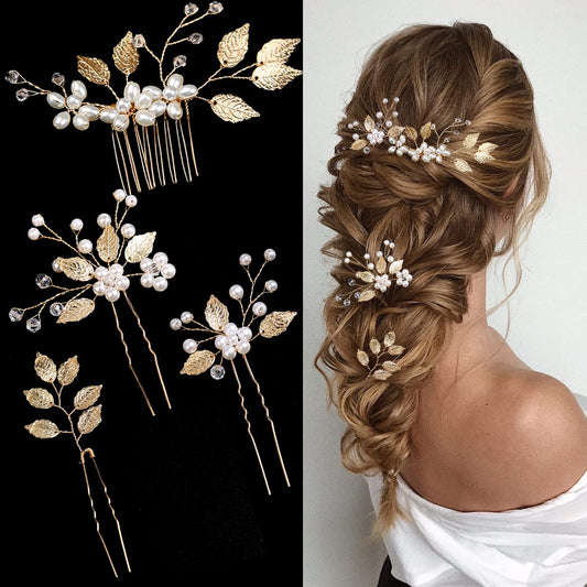 4 Pieces Bridal Wedding Hair Pins Gold Leaf Crystal Pearl Hair Pins Clips Flower Headpiece Vintage Wedding Hair Accessories for Brides Bridesmaids Women Girls