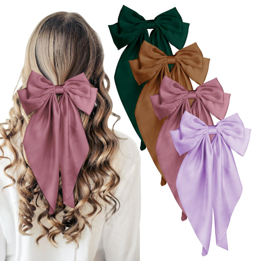 4PCS Large Silky Satin Hair Accessories - Cute Hair Ribbons with Long Tails, Ponytail Barrettes, and Hair Clips for Women (Purple, Green, Coffee, Pink) - Ideal Gift