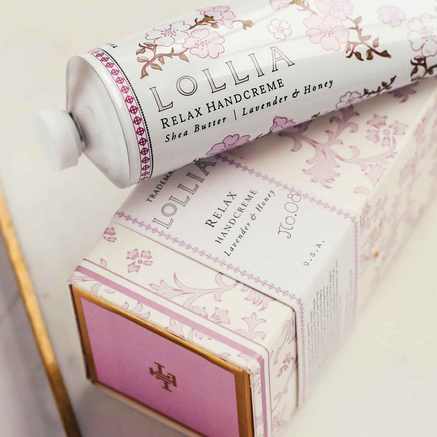 LOLLIA Relax Handcreme, 4 oz, Sugar Cane, Vanilla Bean, & Jasmine, Scented Hand Cream for Women, Moisturizing Lotion for Dry Hands, Quick Absorbing Shea Butter & Cocoa Butter, Luxury Purse Essentials