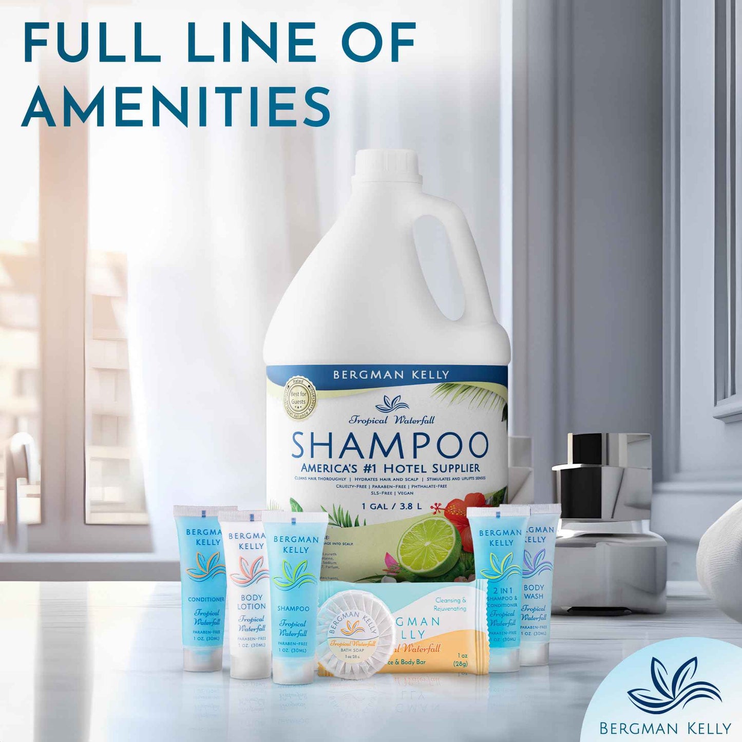 Bergman Kelly Refill Gallon Size Shampoo (128 fl oz, Tropical Waterfall Scent), Delight Your Guests with an Invigorating and Refreshing Shampoo, Quality Guest Hotel Toiletries in Bulk