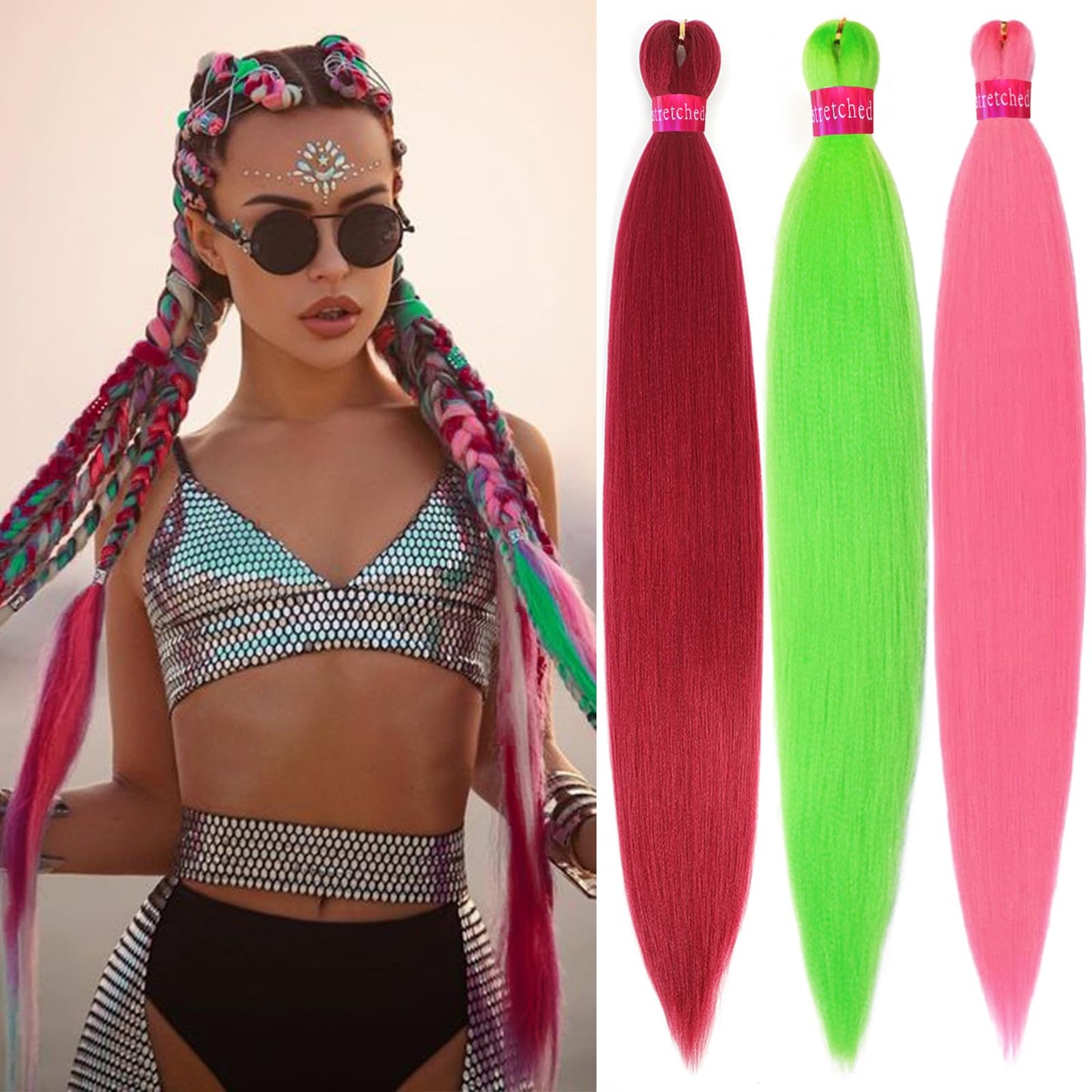 Yuzshuooxin Rose+Light Green+Pink Braiding Hair Pre Stretched 26 Inches Kanekalon Braiding Hair Extensions 3 Packs Synthetic Fiber Hair Braids