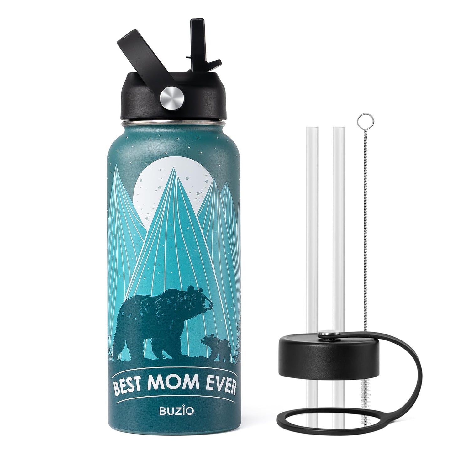 Gifts for Mom Birthday, 32oz Best Mom Water Bottle for Mother Gift, BUZIO Bear Mama Hydro Water Flask with Straw Lid, Stainless Steel Insulated Vacuum Metal Tumbler from Daughter Son, Cold for 48Hrs