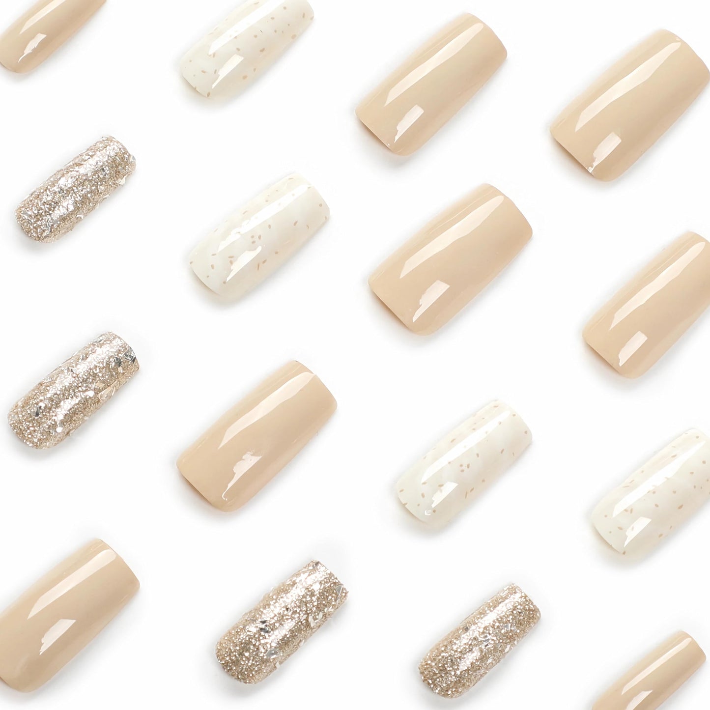 BABALAL Long Square Press on Nails White Nude Fake Nails Golden Glitter Shiny Glue on Nails 24Pcs Cute Design Acrylic Nails Squoval Manicure False Nails for Women and Girls