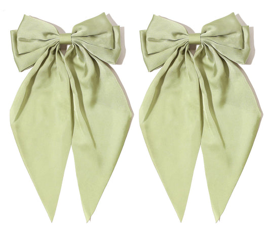 Furling Pompoms Hair Bows for Women - Pack of 2 Light Green Hair Bow Clips for Girls Satin Big Bows Long Tail Alligator Clip Ribbon Hair Barrette Hair Accessories for Bridal Bachelorette Party