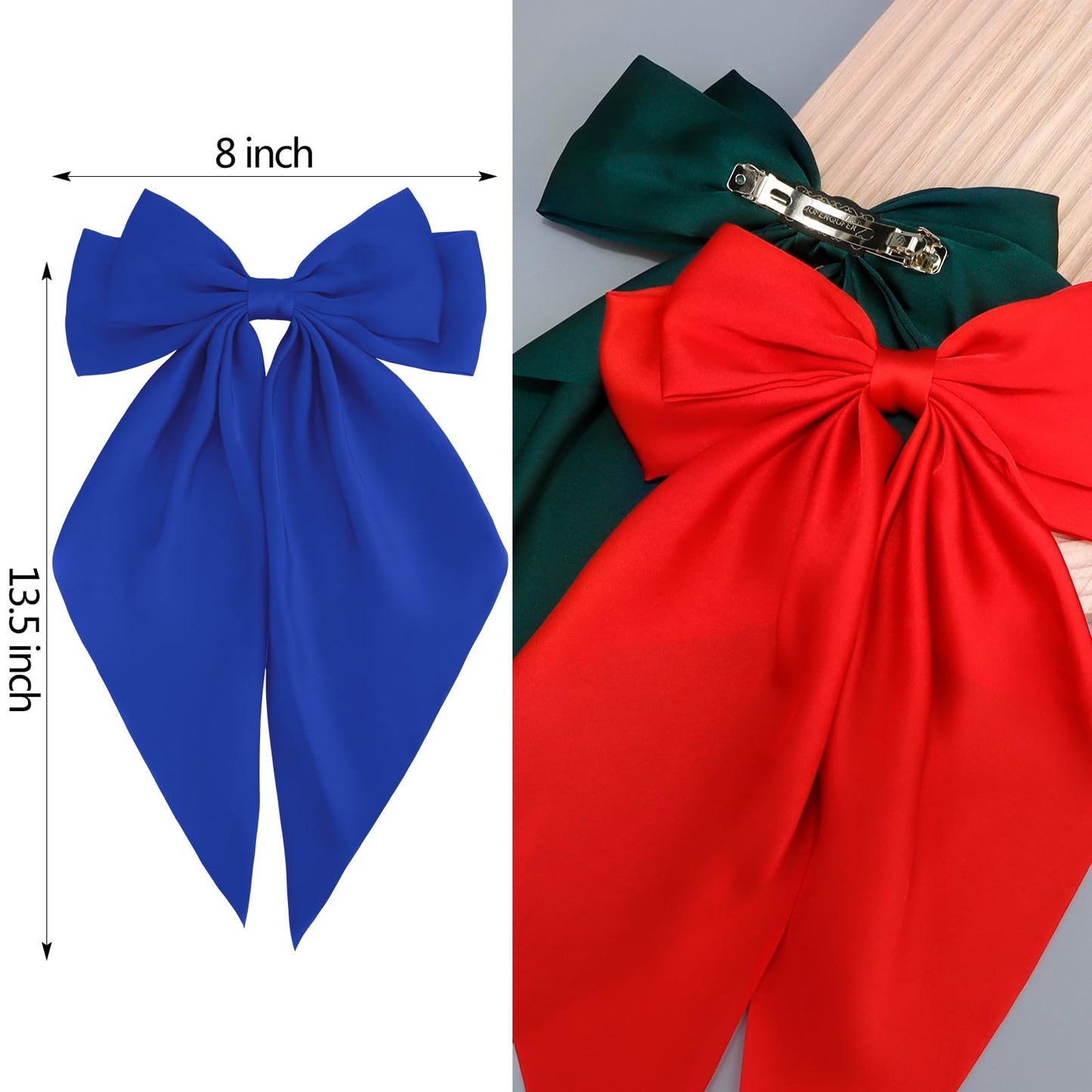 Velscrun 3Pcs Women's Hair Accessories: Large Satin Bows and Barrettes in Red, Blue, and Green - Perfect Gift