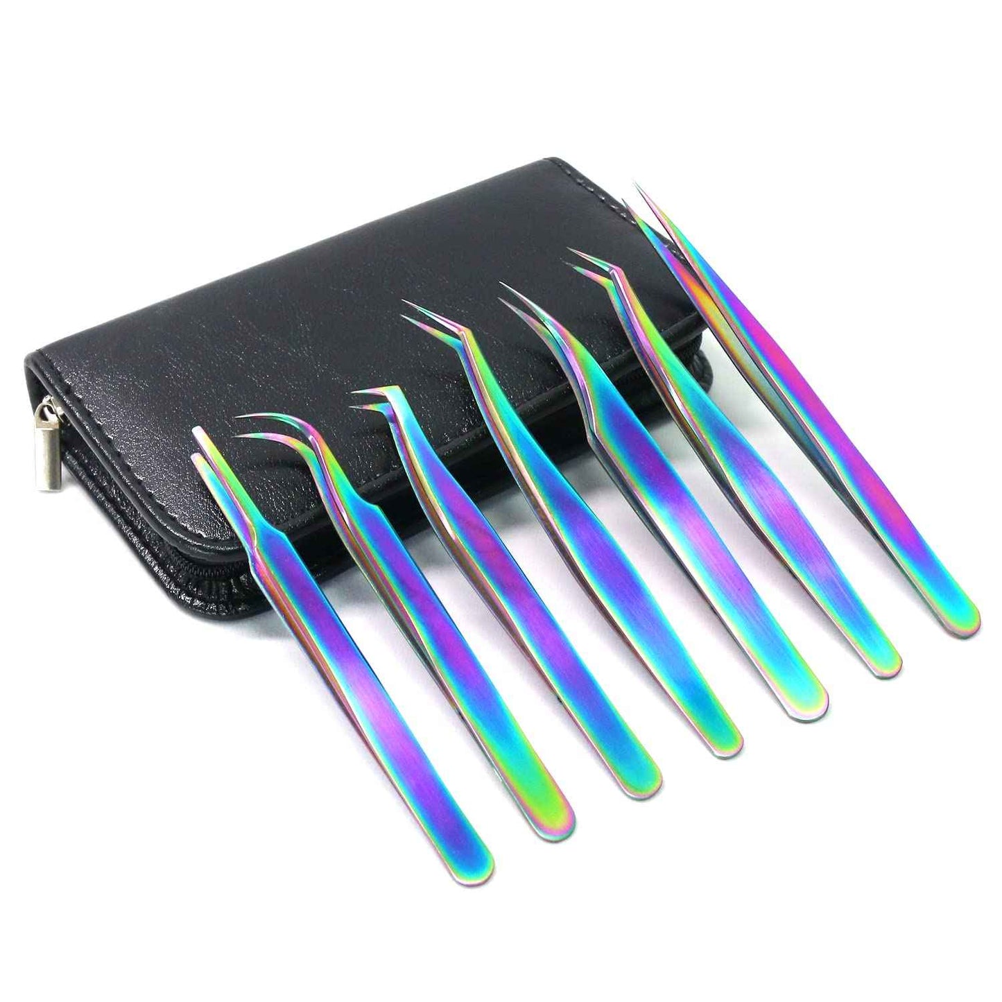 Eyelash Extension Tweezers Set, Fangze 7 Pcs Lash Kit Rainbow Stainless Steel Straight and Curved Tweezer for Nail Art Ingrown Hair Craft