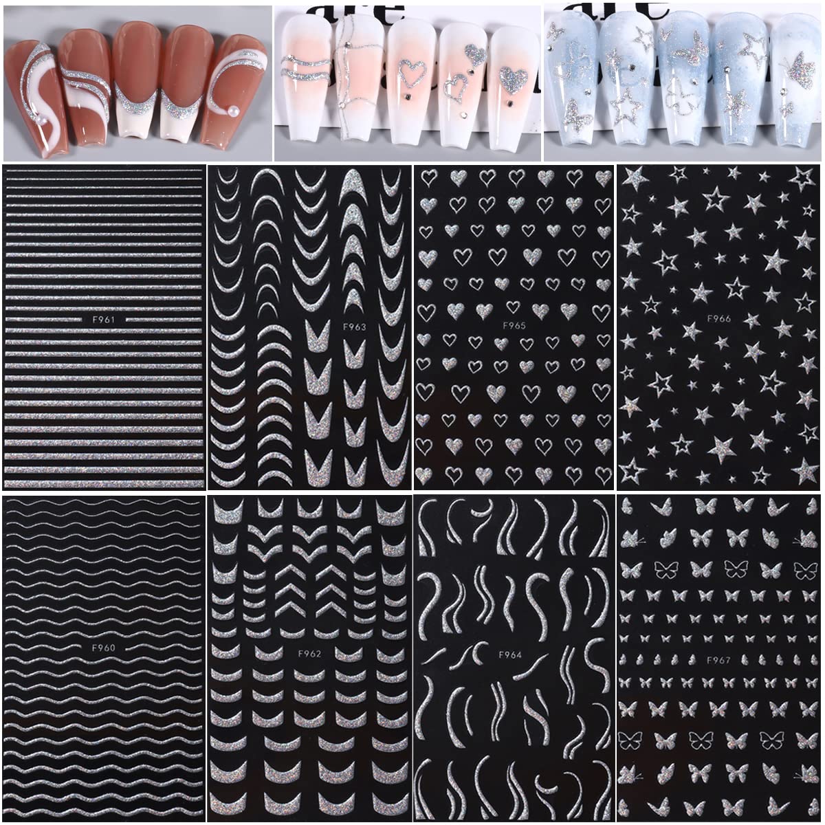 8Sheets French V-Shaped Sparkly Glitter Line Nail Stickers Star Heart Butterfly Design Reflective Silver Glitter Sticker Holographic Swirl Stripes Curve Lines Decals for Women DIY Decoration Nail Supplies