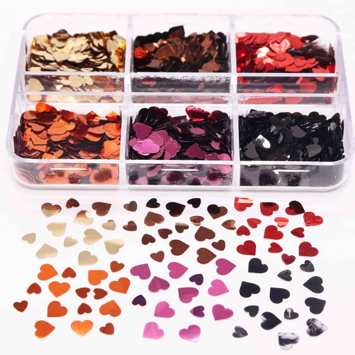 6 Grids 3D Heart Nail Glitter Sequins Valentine's Nail Art Stickers Love Nail Decals Holographic Laser Heart Nail Designs Red Black Rose Gold Heart Glitter for Acrylic Nails Decorations