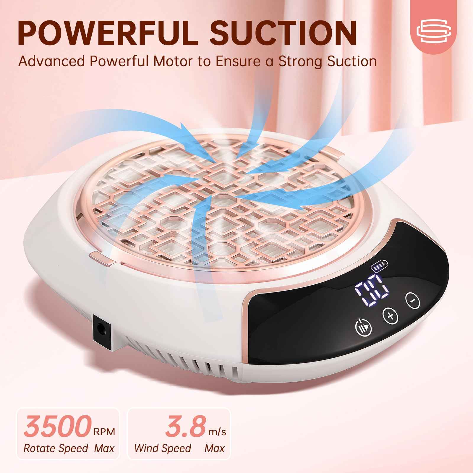 CHRISTINE SHELLY 3500RPM Cordless Nail Dust Collector,Portable Dust Collector Nail Tech with LED Display,Rechargeable Dust Suction Machine with Reusable Fillter for Acrylic Gel Polish,Salon & Home