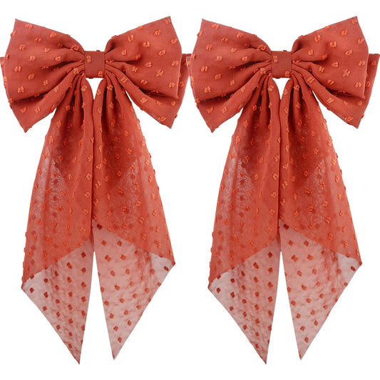 2PCS Large Hair Bows Ribbon Hair Clips, Double Layers Big Bow Hair Clip With Long Tail Ribbon Bowknot Hair Barrettes, Ponytail Holder Hair Accessories for Women Girls (Red-Orange)