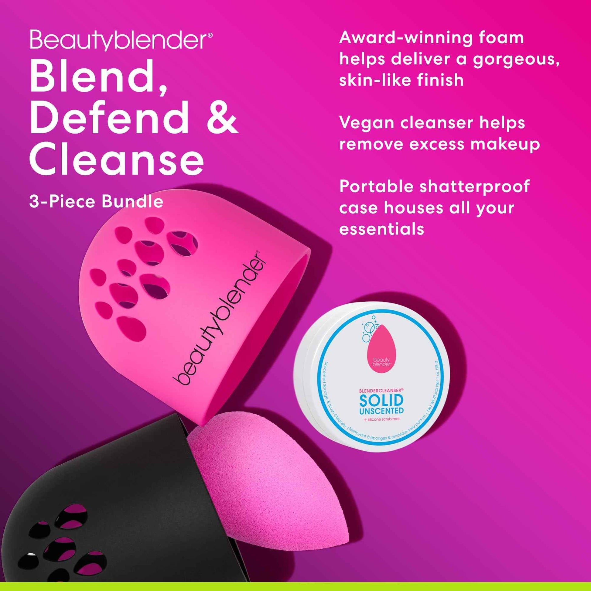 Beautyblender® | Original Pink Beauty Blender + Blender Defender Case + Solid Blendercleanser® Complete 3-Piece Bundle, Beauty Blender for Blending Foundations, Travel Case & Unscented Cleanser, 1oz